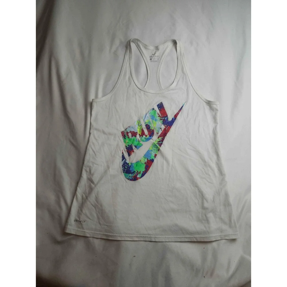 Nike Dri-FIT Womens Run Graphic Racerback Tank Top White Multi Color Size M